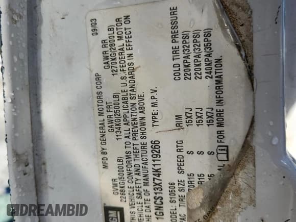 ✅ 2004 Chevrolet Blazer LS • VIN: 1GNCS13X74K119266 • Lot: 91282775. Listed on Copart with 208,836 mi. Free auction sales archive from the USA and detailed vehicle history report at DreamBid. Image 13.