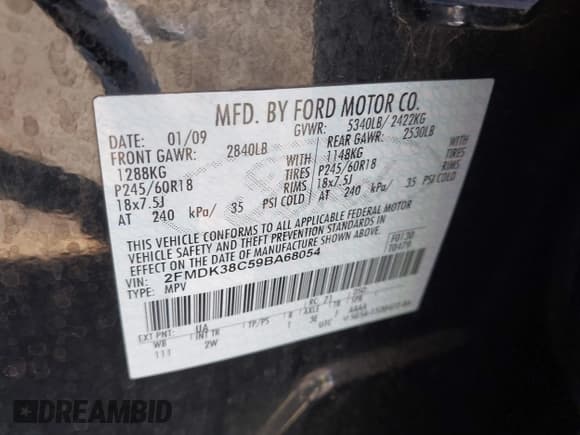 ✅ 2009 Ford Edge SEL • VIN: 2FMDK38C59BA68054 • Lot: 43178072. Listed on IAAI with 209,717 mi. Free auction sales archive from the USA and detailed vehicle history report at DreamBid. Image 9.