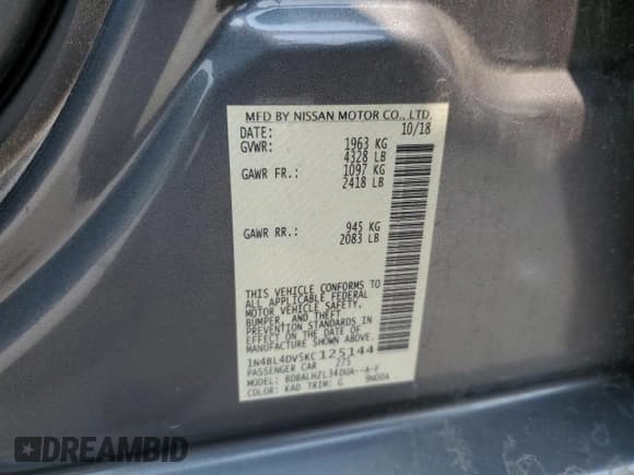 ✅ 2019 Nissan Altima SV • VIN: 1N4BL4DV5KC125144 • Lot: 58867595. Wystawiony na Copart z przebiegiem 64 691 mil. Bezpłatny archiwum sprzedaży aukcyjnych z USA i szczegółowy raport historii pojazdu na DreamBid. Zdjęcie 12.