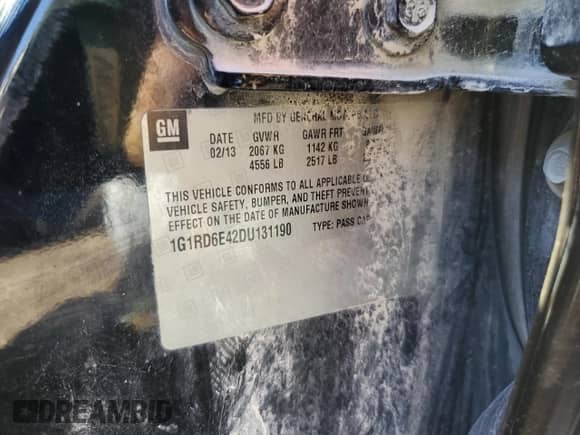 2013 Chevrolet Volt z VIN 1G1RD6E42DU131190, wystawiony jako Copart lot #87436535 z przebiegiem 177 177 mil mil oraz Czysty tytuł • Clean title. Historia ofert i sprzedaży dostępna na DreamBid. Obrazek 12.