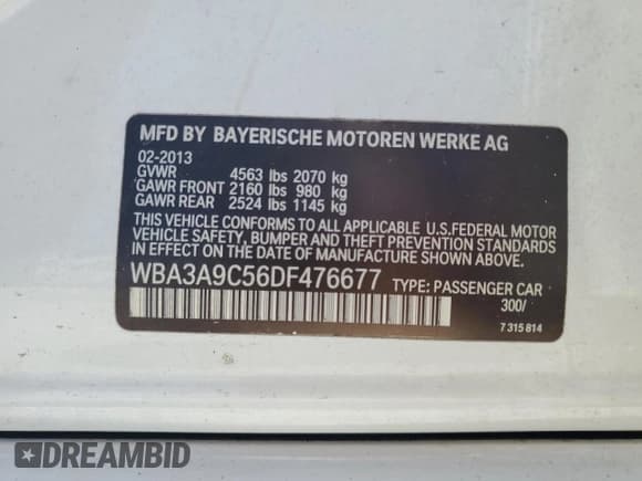 ✅ 2013 BMW 3 Series 335i • VIN: WBA3A9C56DF476677 • Lot: 68126655. Listed on Copart with 103,903 mi. Free auction sales archive from the USA and detailed vehicle history report at DreamBid. Image 12.