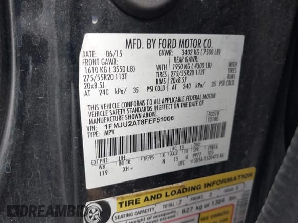 ✅ 2015 Ford Expedition Limited • VIN: 1FMJU2AT8FEF51006 • Lot: 43619437. Wystawiony na IAAI z przebiegiem 175 264 mil. Bezpłatny archiwum sprzedaży aukcyjnych z USA i szczegółowy raport historii pojazdu na DreamBid. Zdjęcie 9.