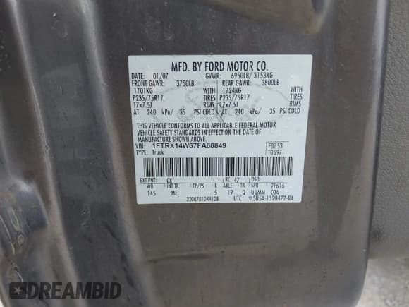 ✅ 2007 Ford F-150 STX • VIN: 1FTRX14W67FA68849 • Lot: 42511424. Listed on IAAI with 198,956 mi. Free auction sales archive from the USA and detailed vehicle history report at DreamBid. Image 9.