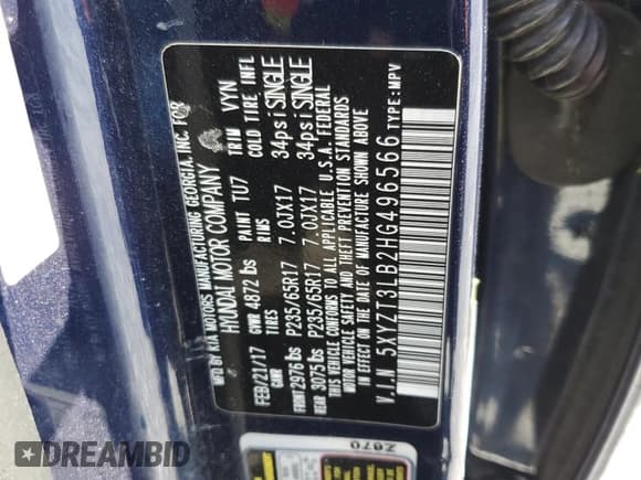 ✅ 2017 Hyundai Santa Fe 2.4L • VIN: 5XYZT3LB2HG496566 • Lot: 57759925. Listed on Copart with 129,094 mi. Free auction sales archive from the USA and detailed vehicle history report at DreamBid. Image 13.