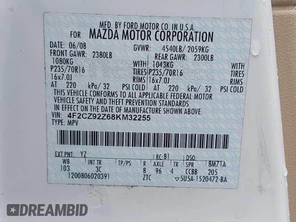 ✅ 2008 Mazda Tribute Sport • VIN: 4F2CZ92Z68KM32255 • Lot: 42162653. Wystawiony na IAAI z przebiegiem 45 839 mil. Bezpłatny archiwum sprzedaży aukcyjnych z USA i szczegółowy raport historii pojazdu na DreamBid. Zdjęcie 9.