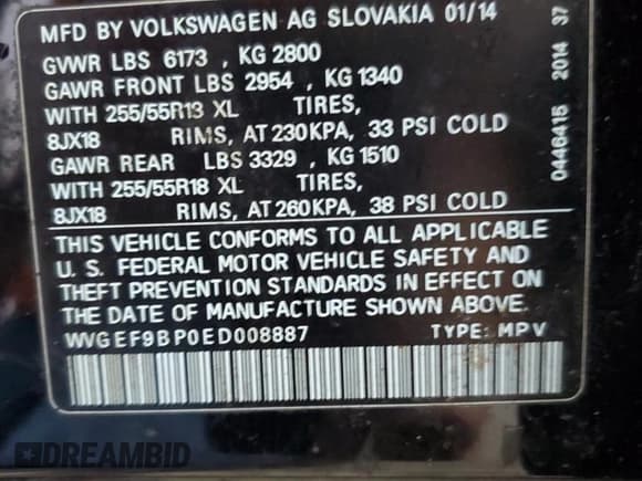 ✅ 2014 Volkswagen Touareg Sport • VIN: WVGEF9BP0ED008887 • Lot: 71643635. Listed on Copart with 233,433 mi. Free auction sales archive from the USA and detailed vehicle history report at DreamBid. Image 13.