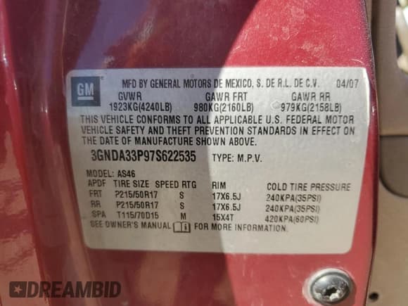 ✅ 2007 Chevrolet HHR LT • VIN: 3GNDA33P97S622535 • Lot: 79258994. Listed on Copart with 174,159 mi. Free auction sales archive from the USA and detailed vehicle history report at DreamBid. Image 12.