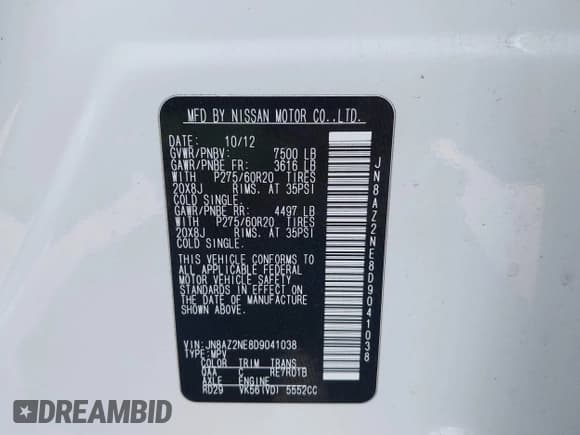 ✅ 2013 Infiniti QX56 • VIN: JN8AZ2NE8D9041038 • Lot: 43285201. Listed on IAAI with 185,674 mi. Free auction sales archive from the USA and detailed vehicle history report at DreamBid. Image 9.