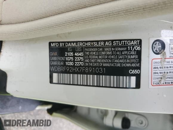 ✅ 2007 Mercedes-Benz C 280 Luxury • VIN: WDBRF92HX7F891031 • Lot: 57889315. Listed on Copart with 168,789 mi. Free auction sales archive from the USA and detailed vehicle history report at DreamBid. Image 12.