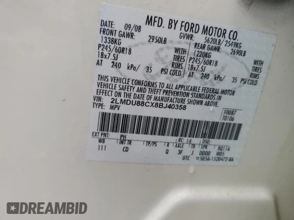 ✅ 2008 Lincoln MKX • VIN: 2LMDU88CX8BJ40358 • Lot: 90411765. Listed on Copart with 108,145 mi. Free auction sales archive from the USA and detailed vehicle history report at DreamBid. Image 13.