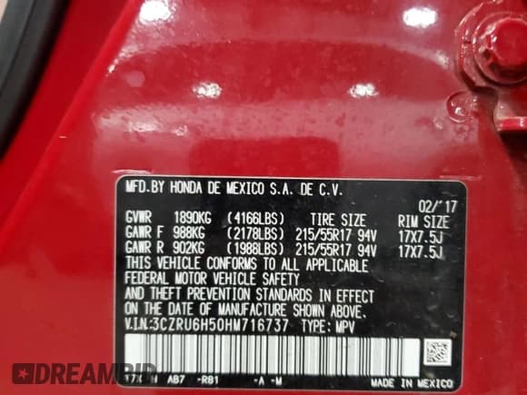 ✅ 2017 Honda HR-V EX • VIN: 3CZRU6H50HM716737 • Лот: 70636805. Опубликован ранее на Copart с пробегом 89 837 миль. Бесплатный доступ к архиву аукционных продаж из США и подробный отчёт об истории автомобиля на DreamBid. Изображение 13.