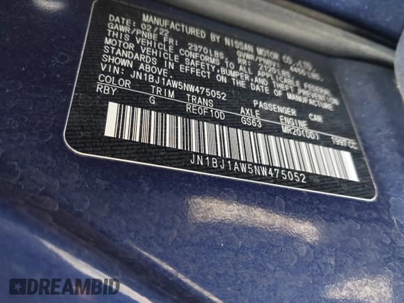 ✅ 2022 Nissan Rogue S • VIN: JN1BJ1AW5NW475052 • Lot: 43636577. Listed on IAAI with 46,153 mi. Free auction sales archive from the USA and detailed vehicle history report at DreamBid. Image 9.