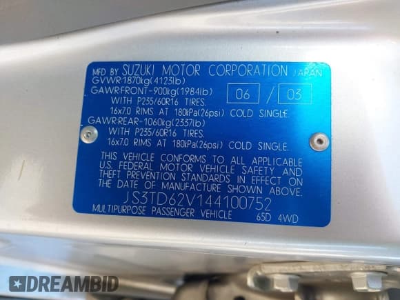 ✅ 2004 Suzuki Grand Vitara LX • VIN: JS3TD62V144100752 • Lot: 42368520. Listed on IAAI with 93,295 mi. Free auction sales archive from the USA and detailed vehicle history report at DreamBid. Image 9.