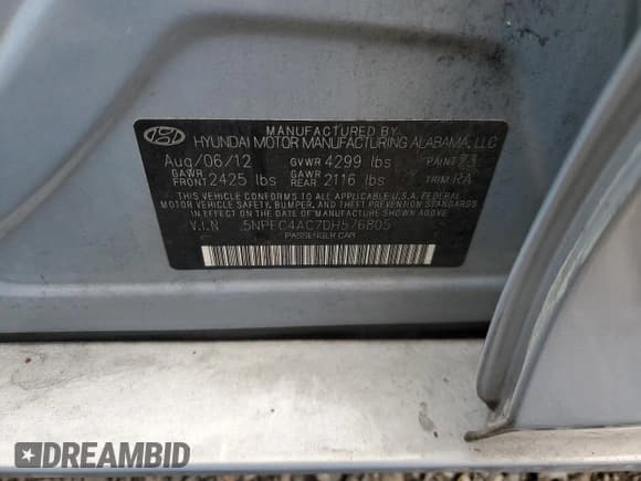 ✅ 2013 Hyundai Sonata SE • VIN: 5NPEC4AC7DH576805 • Lot: 92979125. Listed on Copart with 169,305 mi. Free auction sales archive from the USA and detailed vehicle history report at DreamBid. Image 12.