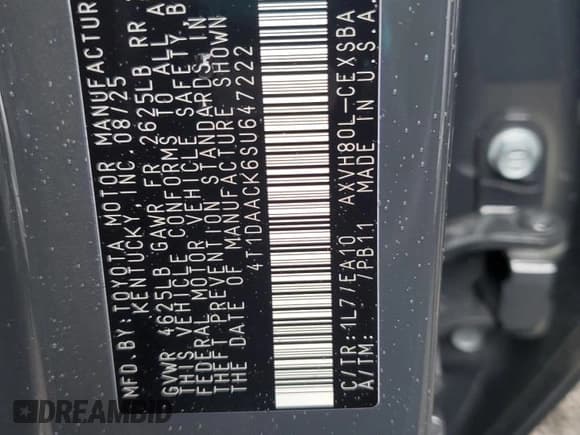 ✅ 2025 Toyota Camry LE • VIN: 4T1DAACK6SU647222 • Lot: 85894035. Wystawiony na Copart z przebiegiem 8 037 mil. Bezpłatny archiwum sprzedaży aukcyjnych z USA i szczegółowy raport historii pojazdu na DreamBid. Zdjęcie 13.