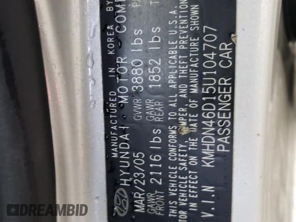 ✅ 2005 Hyundai Elantra GLS • VIN: KMHDN46D15U104707 • Lot: 44550325. Wystawiony na Copart z przebiegiem 439 102 mil. Bezpłatny archiwum sprzedaży aukcyjnych z USA i szczegółowy raport historii pojazdu na DreamBid. Zdjęcie 13.