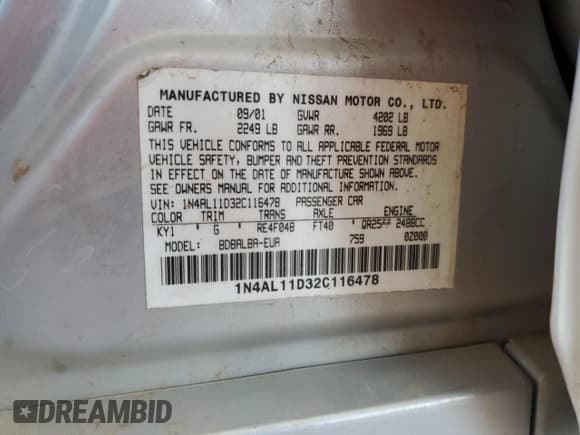 ✅ 2002 Nissan Altima S • VIN: 1N4AL11D32C116478 • Лот: 71460785. Опубликован ранее на Copart с пробегом Не указан. Бесплатный доступ к архиву аукционных продаж из США и подробный отчёт об истории автомобиля на DreamBid. Изображение 12.