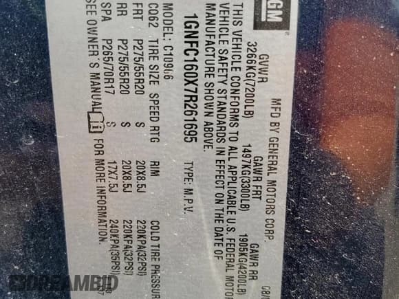 ✅ 2007 Chevrolet Suburban LTZ • VIN: 1GNFC160X7R261695 • Lot: 62541455. Listed on Copart with Not provided. Free auction sales archive from the USA and detailed vehicle history report at DreamBid. Image 14.