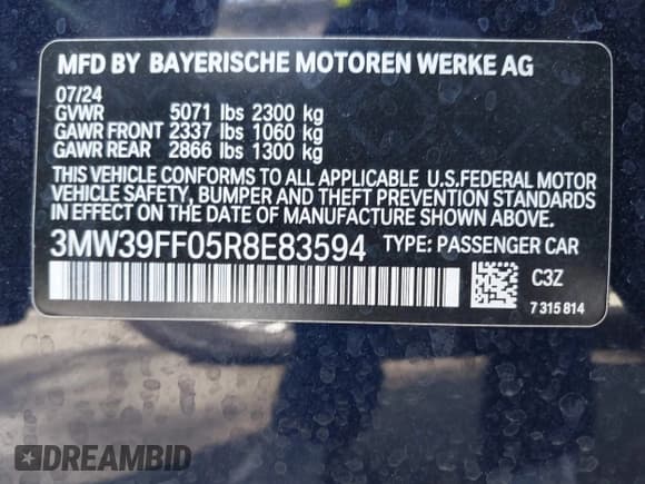 ✅ 2024 BMW 3 Series 330e • VIN: 3MW39FF05R8E83594 • Lot: 43427849. Listed on IAAI with 12,902 mi. Free auction sales archive from the USA and detailed vehicle history report at DreamBid. Image 9.