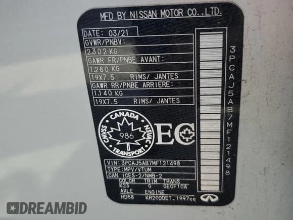 ✅ 2021 Infiniti QX50 Pure • VIN: 3PCAJ5AB7MF121498 • Lot: 64498905. Listed on Copart with Not provided. Free auction sales archive from the USA and detailed vehicle history report at DreamBid. Image 13.