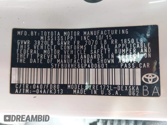 ✅ 2016 Toyota Corolla LE Plus • VIN: 5YFBURHE6GP400601 • Lot: 43286557. Wystawiony na IAAI z przebiegiem 162 833 mil. Bezpłatny archiwum sprzedaży aukcyjnych z USA i szczegółowy raport historii pojazdu na DreamBid. Zdjęcie 9.