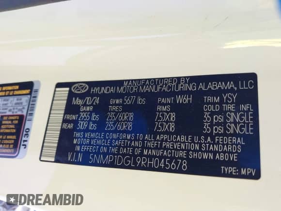 2024 Hyundai Santa Fe SE с VIN 5NMP1DGL9RH045678, выставлен на аукционе IAAI как лот 41245889 с пробегом 4 696 миль миль и . История ставок и продаж доступна на DreamBid. Изображение 9.