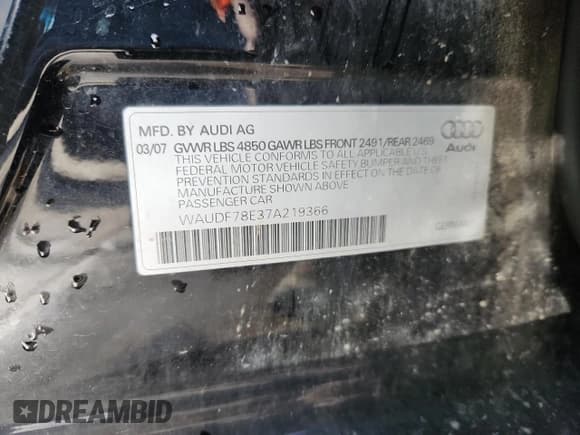 ✅ 2007 Audi A4 2.0T • VIN: WAUDF78E37A219366 • Lot: 92057545. Listed on Copart with 184,380 mi. Free auction sales archive from the USA and detailed vehicle history report at DreamBid. Image 13.