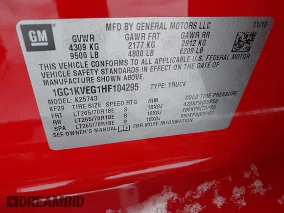 ✅ 2017 Chevrolet Silverado 2500HD LT • VIN: 1GC1KVEG1HF104295 • Lot: 41276100. Listed on IAAI with 65,635 mi. Free auction sales archive from the USA and detailed vehicle history report at DreamBid. Image 9.