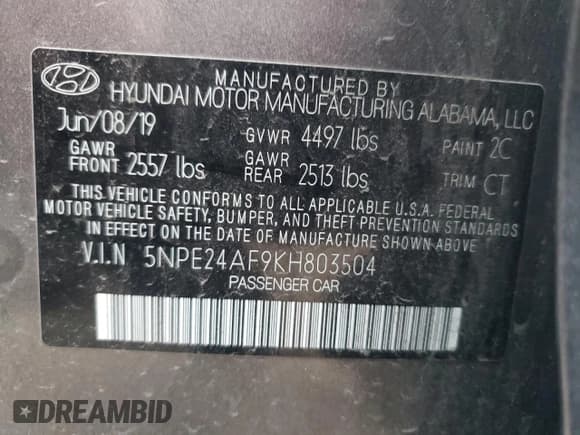 ✅ 2019 Hyundai Sonata SE • VIN: 5NPE24AF9KH803504 • Lot: 68781742. Listed on Copart with 57,229 mi. Free auction sales archive from the USA and detailed vehicle history report at DreamBid. Image 14.