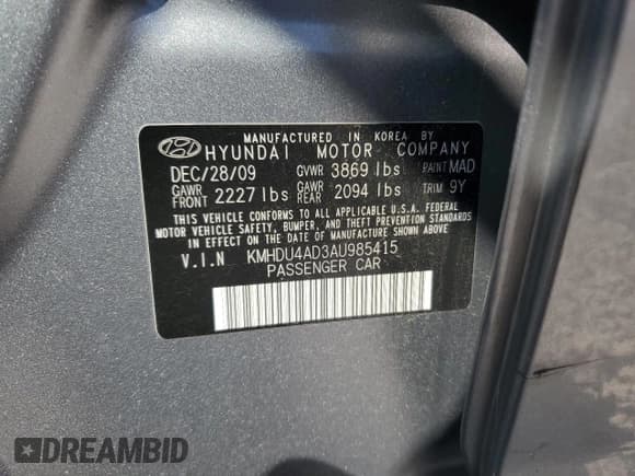 ✅ 2010 Hyundai Elantra GLS • VIN: KMHDU4AD3AU985415 • Лот: 68170325. Опубликован ранее на Copart с пробегом Не указан. Бесплатный доступ к архиву аукционных продаж из США и подробный отчёт об истории автомобиля на DreamBid. Изображение 12.