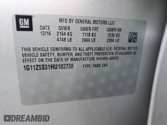 ✅ 2017 Chevrolet Impala LS • VIN: 1G11Z5S31HU182738 • Lot: 70534455. Listed on Copart with 65,912 mi. Free auction sales archive from the USA and detailed vehicle history report at DreamBid. Image 12.