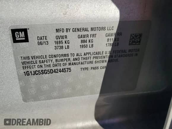 2013 Chevrolet Sonic LT with VIN 1G1JC5SG5D4244575, listed as a Copart auction lot 90084225 with 66,255 mi miles and Salvage title. Bid and sale history available at DreamBid. Image 12.