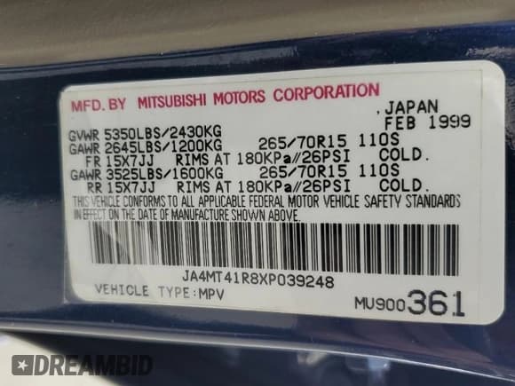 ✅ 1999 Mitsubishi Montero Sport Limited • VIN: JA4MT41R8XP039248 • Lot: 58486465. Wystawiony na Copart z przebiegiem 183 316 mil. Bezpłatny archiwum sprzedaży aukcyjnych z USA i szczegółowy raport historii pojazdu na DreamBid. Zdjęcie 14.