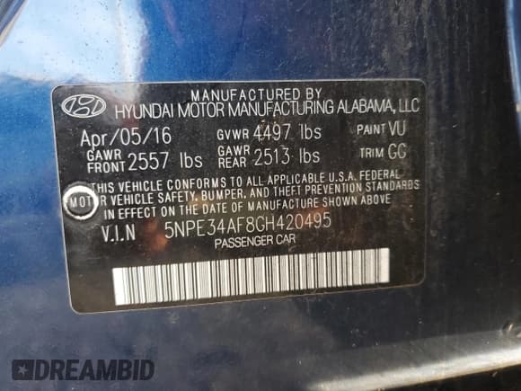 ✅ 2016 Hyundai Sonata Sport • VIN: 5NPE34AF8GH420495 • Lot: 73339992. Listed on Copart with 69,750 mi. Free auction sales archive from the USA and detailed vehicle history report at DreamBid. Image 12.