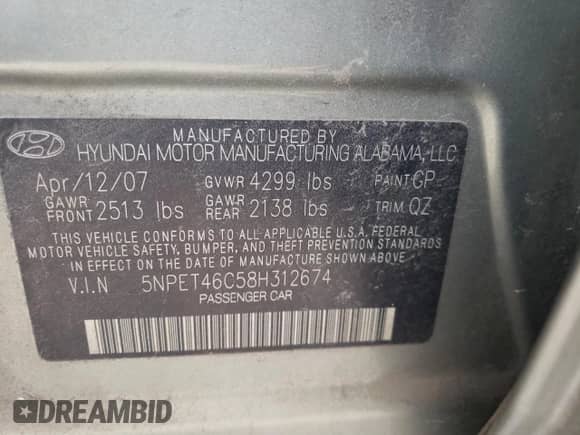 2008 Hyundai Sonata GLS with VIN 5NPET46C58H312674, listed as a Copart auction lot 70866604 with 212,698 mi miles and Salvage title. Bid and sale history available at DreamBid. Image 12.