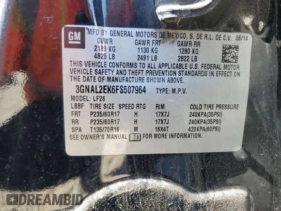 2015 Chevrolet Captiva Sport LS with VIN 3GNAL2EK6FS507964, listed as a Copart auction lot 72946614 with 140,124 mi miles and Clean title. Bid and sale history available at DreamBid. Image 13.