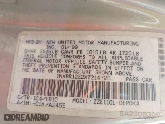 ✅ 1999 Toyota Corolla VE • VIN: 1NXBR12E2XZ214726 • Lot: 43005806. Listed on IAAI with 295,368 mi. Free auction sales archive from the USA and detailed vehicle history report at DreamBid. Image 9.