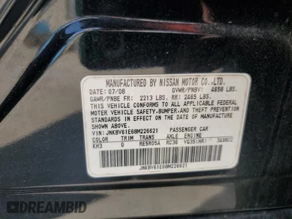 ✅ 2008 Infiniti G35 Journey • VIN: JNKBV61E68M226621 • Lot: 84616995. Listed on Copart with 306,158 mi. Free auction sales archive from the USA and detailed vehicle history report at DreamBid. Image 12.