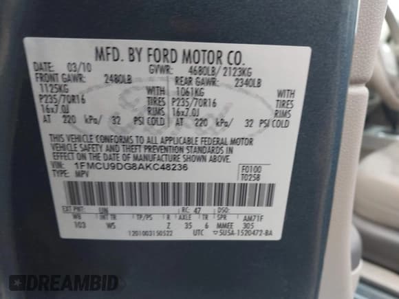 ✅ 2010 Ford Escape XLT • VIN: 1FMCU9DG8AKC48236 • Lot: 43803495. Wystawiony na IAAI z przebiegiem 158 120 mil. Bezpłatny archiwum sprzedaży aukcyjnych z USA i szczegółowy raport historii pojazdu na DreamBid. Zdjęcie 8.