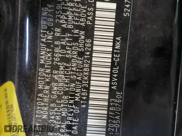 2011 Toyota Camry LE z VIN 4T4BF3EKXBR214266, wystawiony jako Copart lot #86236685 z przebiegiem 182 466 mil mil oraz Szkoda całkowita • Salvage title. Historia ofert i sprzedaży dostępna na DreamBid. Obrazek 12.