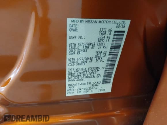 ✅ 2019 Nissan Titan SV • VIN: 1N6AA1E58KN503287 • Lot: 43537332. Listed on IAAI with 79,291 mi. Free auction sales archive from the USA and detailed vehicle history report at DreamBid. Image 9.