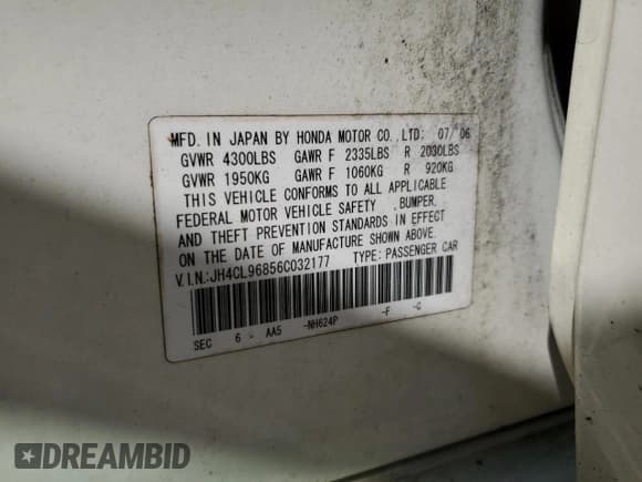 ✅ 2006 Acura TSX • VIN: JH4CL96856C032177 • Lot: 87026085. Listed on Copart with 105,392 mi. Free auction sales archive from the USA and detailed vehicle history report at DreamBid. Image 12.