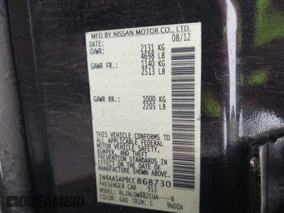 ✅ 2012 Nissan Maxima SV • VIN: 1N4AA5AP9CC868730 • Lot: 42420921. Listed on IAAI with 239,934 mi. Free auction sales archive from the USA and detailed vehicle history report at DreamBid. Image 9.