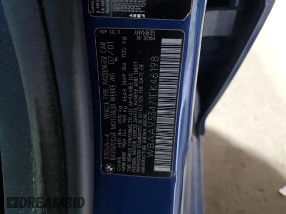 ✅ 2001 BMW 3 Series 330i • VIN: WBAAV53471FK46198 • Lot: 81472035. Wystawiony na Copart z przebiegiem Nie podano. Bezpłatny archiwum sprzedaży aukcyjnych z USA i szczegółowy raport historii pojazdu na DreamBid. Zdjęcie 12.