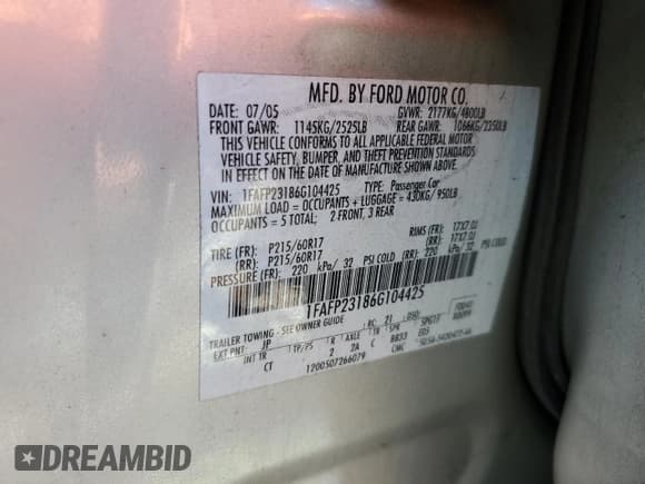 ✅ 2006 Ford Five Hundred SE • VIN: 1FAFP23186G104425 • Lot: 72427154. Wystawiony na Copart z przebiegiem 144 865 mil. Bezpłatny archiwum sprzedaży aukcyjnych z USA i szczegółowy raport historii pojazdu na DreamBid. Zdjęcie 15.