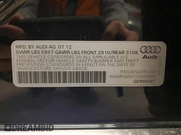 ✅ 2012 Audi A8 • VIN: WAURVAFD1CN025549 • Lot: 85537194. Listed on Copart with 77,422 mi. Free auction sales archive from the USA and detailed vehicle history report at DreamBid. Image 14.