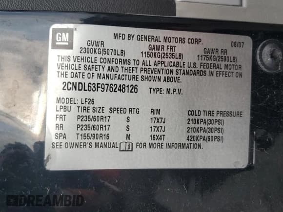 ✅ 2007 Chevrolet Equinox LT • VIN: 2CNDL63F976248126 • Лот: 53864285. Опубликован ранее на Copart с пробегом 168 896 миль. Бесплатный доступ к архиву аукционных продаж из США и подробный отчёт об истории автомобиля на DreamBid. Изображение 14.