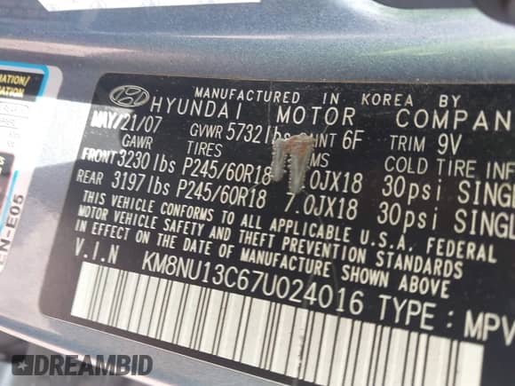 2007 Hyundai Veracruz GLS с VIN KM8NU13C67U024016, выставлен на аукционе IAAI как лот 42491374 с пробегом 241 448 миль миль и . История ставок и продаж доступна на DreamBid. Изображение 9.