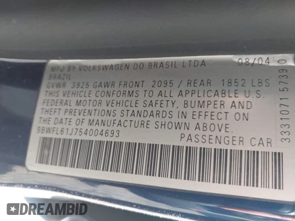 ✅ 2005 Volkswagen Golf GL • VIN: 9BWFL61J754004693 • Lot: 42397928. Listed on IAAI with 161,857 mi. Free auction sales archive from the USA and detailed vehicle history report at DreamBid. Image 9.