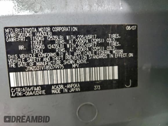 ✅ 2008 Toyota RAV4 Limited • VIN: JTMZD31V185079975 • Лот: 96349795. Опубликован ранее на Copart с пробегом 163 391 миль. Бесплатный доступ к архиву аукционных продаж из США и подробный отчёт об истории автомобиля на DreamBid. Изображение 13.